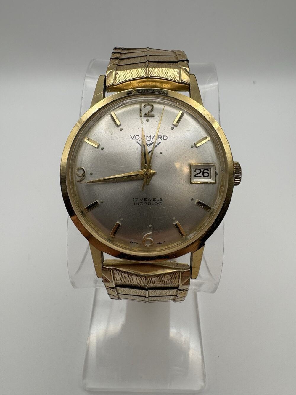 Vintage Voumard 17 Jewels Incabloc Swiss Watch Date Manual Working 10K GF Band